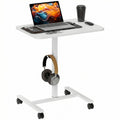 Height Adjustable Standing Desk, Pneumatic Sit Stand Desk with Wheels and Headphone Hook, Grey Wood Grain