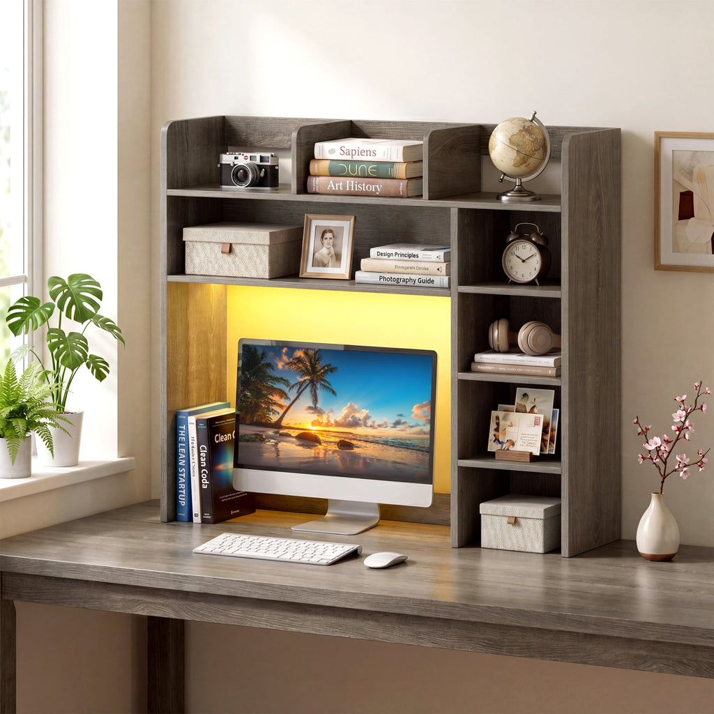 Desktop Bookshelf with LED Lights 35.5 inch Desk Hutch Storage Organizer-Oak
