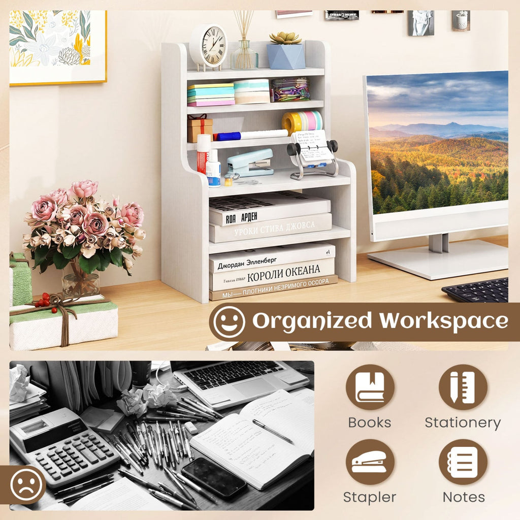 Desktop Organizer 6-Tier Mini Storage Rack with 2 Removable Shelves-White