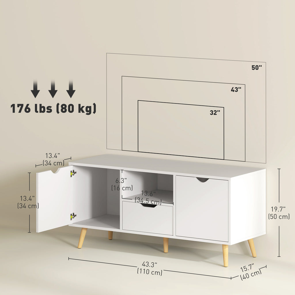 TV Stand with Storage for up to 50" TV, Modern TV Table with Open Shelf, Drawer and 2 Cabinets, White
