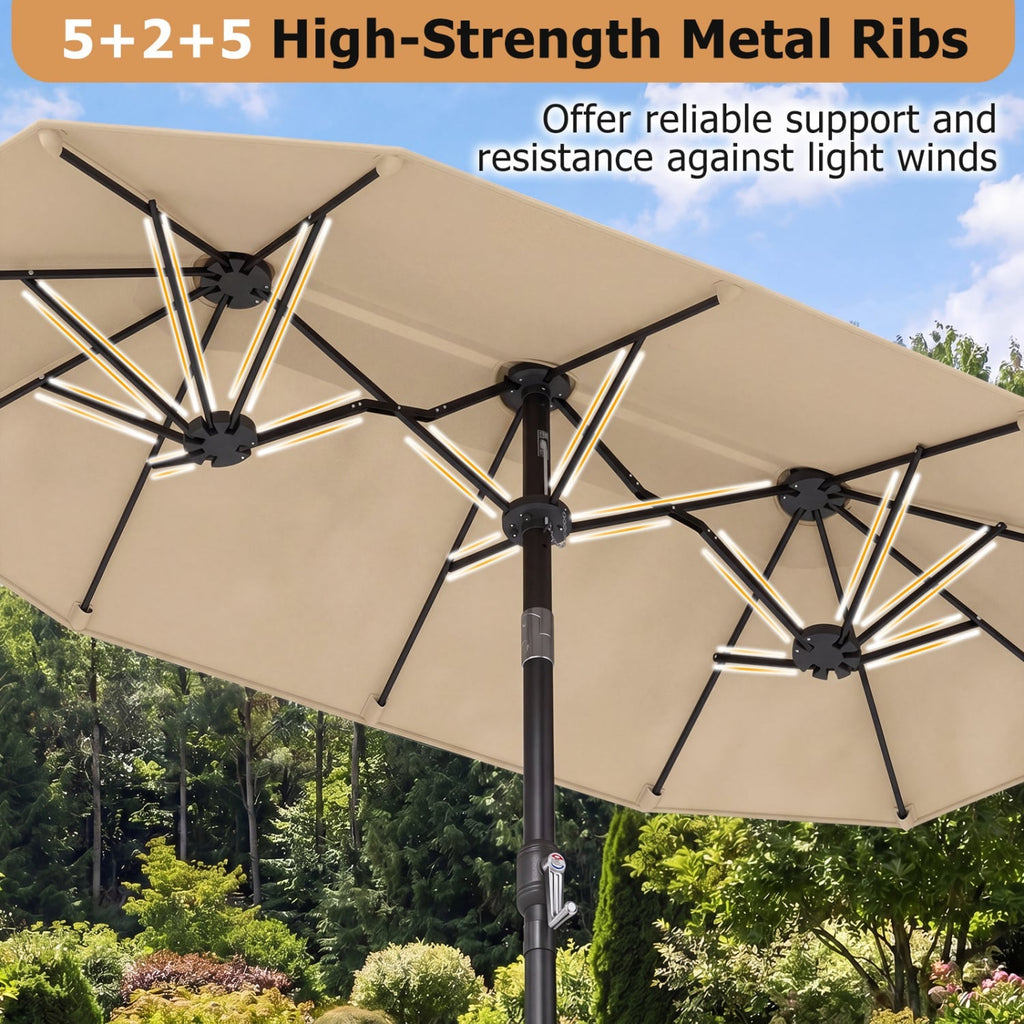 Double-Sided Patio Umbrella with Push Button Tilt Crank Handle-Beige