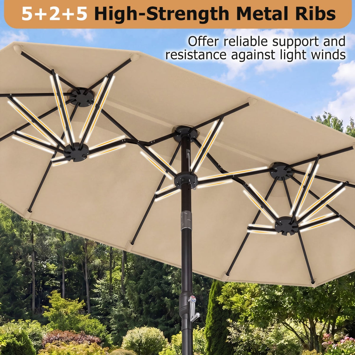 Double-Sided Patio Umbrella with Push Button Tilt Crank Handle-Beige