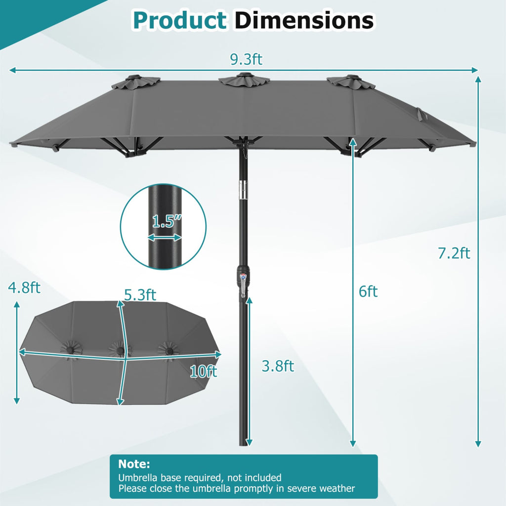 Double-Sided Patio Umbrella with Push Button Tilt Crank Handle-Gray