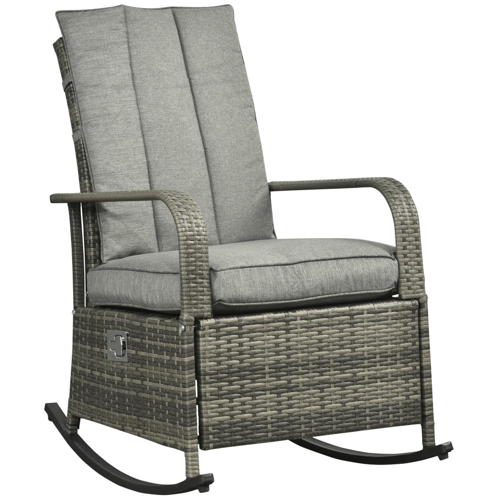 Outdoor Wicker Rocking Chair with Cushion, Patio PE Rattan Recliner Chair with Adjustable Footrest, Armrests, Dark Blue