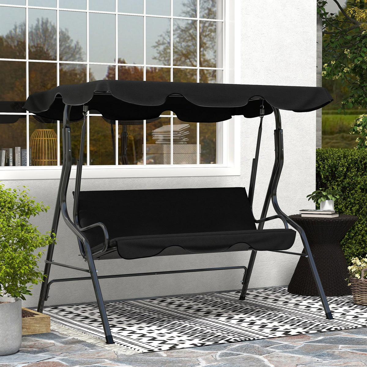 Outdoor Porch Swing with Adjustable Canopy, 3-Seater Patio Swing Chair with Cushion, Black