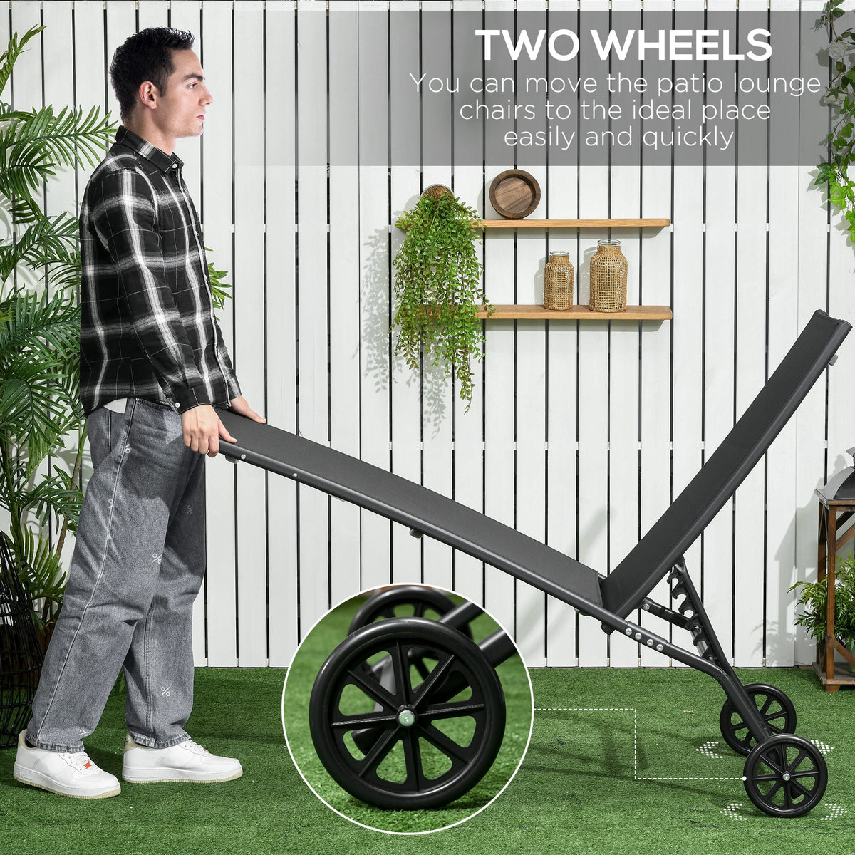 2PCs Lounge Chairs with Wheels, 5-Level Adjustable Backrest for Garden, Backyard, Patio, Deck, Poolside, White