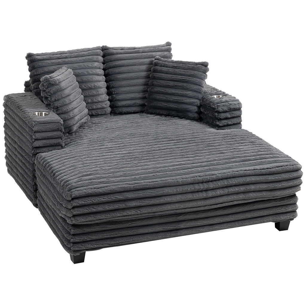 60" Chaise Lounge Chair, Oversized Upholstered Sofa Bed with Cup Holders & Pillows, Sleeper Couch for Living Room, Beige