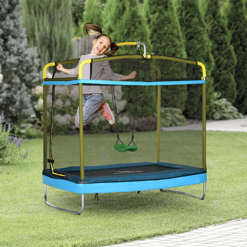 6.9FT Kids Trampoline with Safety Net, Gymnastics Bar, Swing, Toddler Trampoline for 3-6 Years Old Outdoor