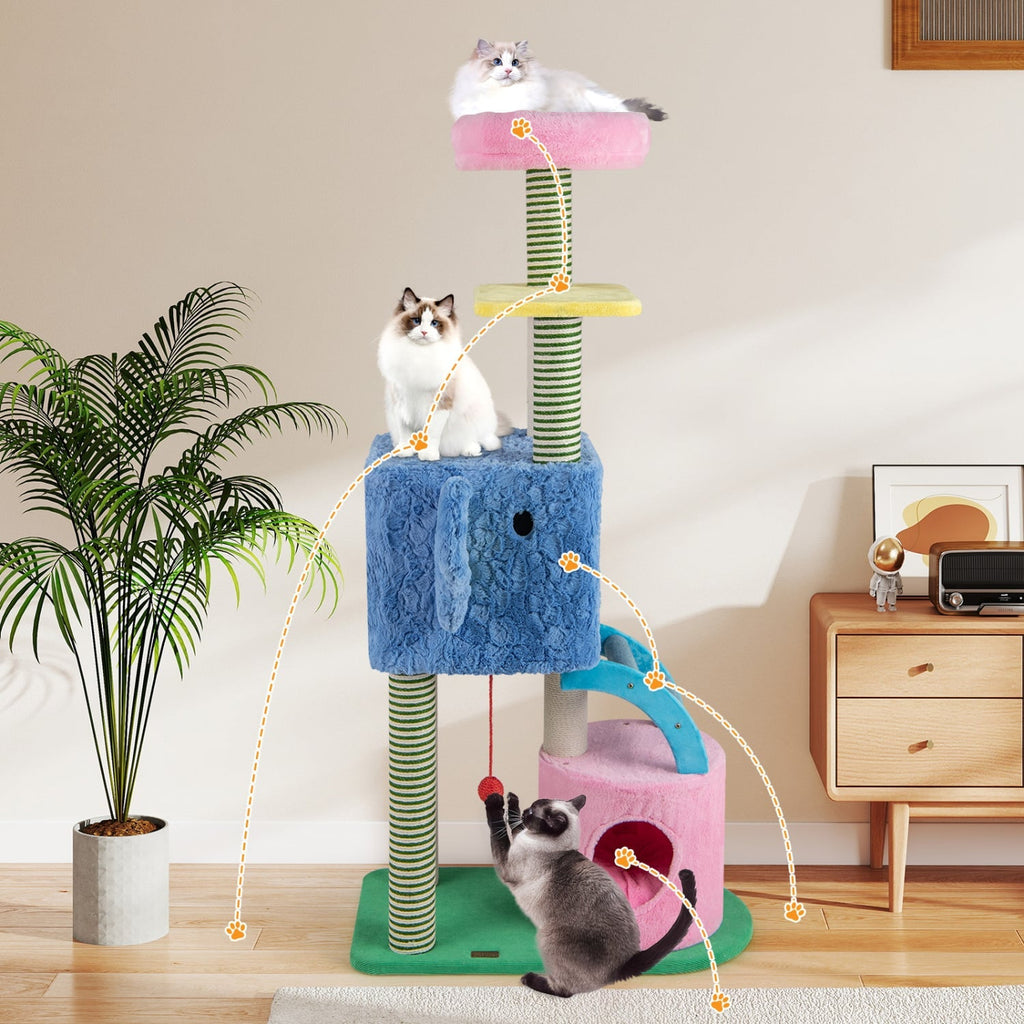 61 Inch Elephant Cat Tree with Two Condos, a Crinkle Ear and a Sisal Ramp