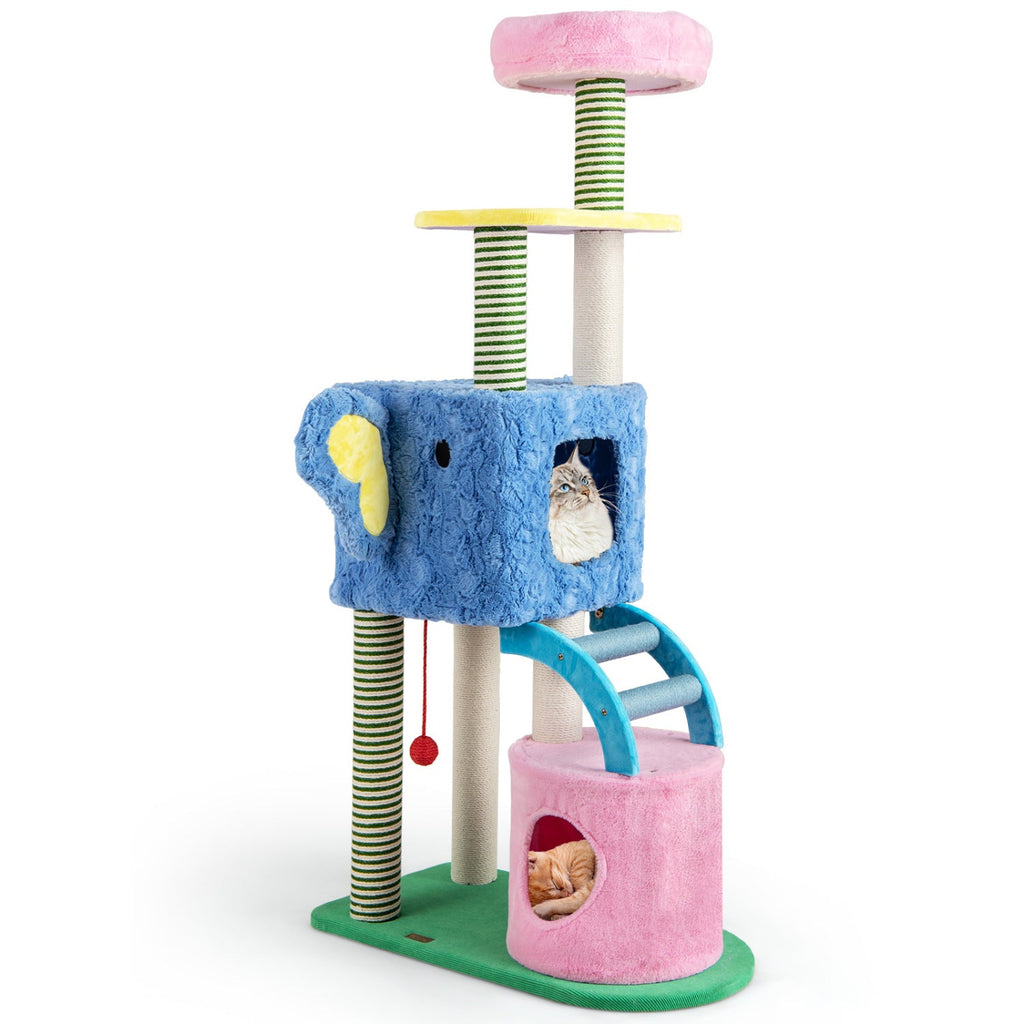 61 Inch Elephant Cat Tree with Two Condos, a Crinkle Ear and a Sisal Ramp