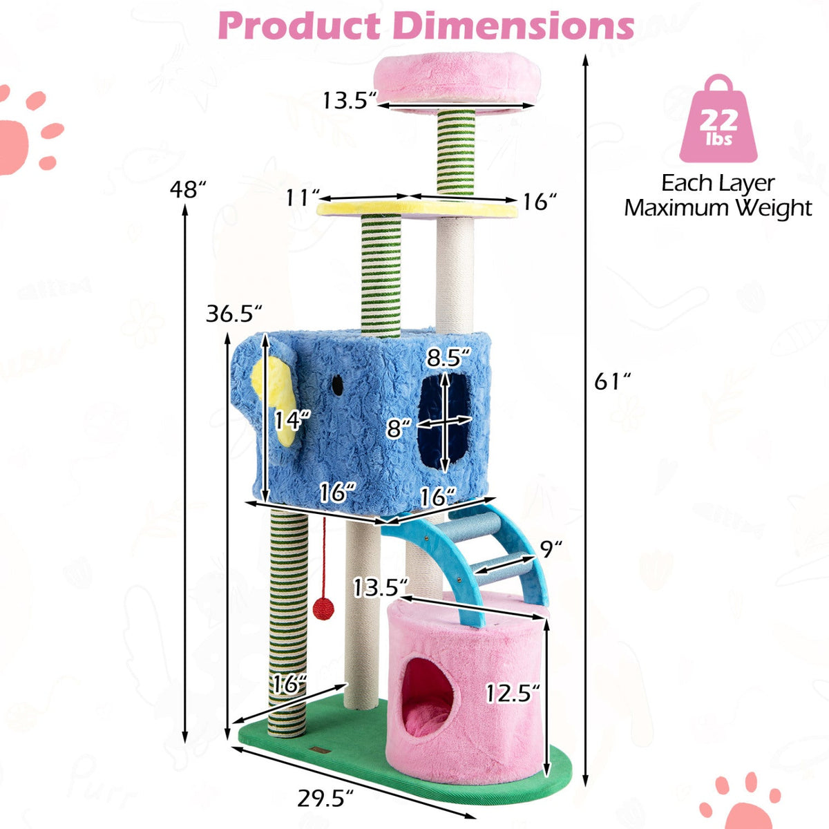 61 Inch Elephant Cat Tree with Two Condos, a Crinkle Ear and a Sisal Ramp