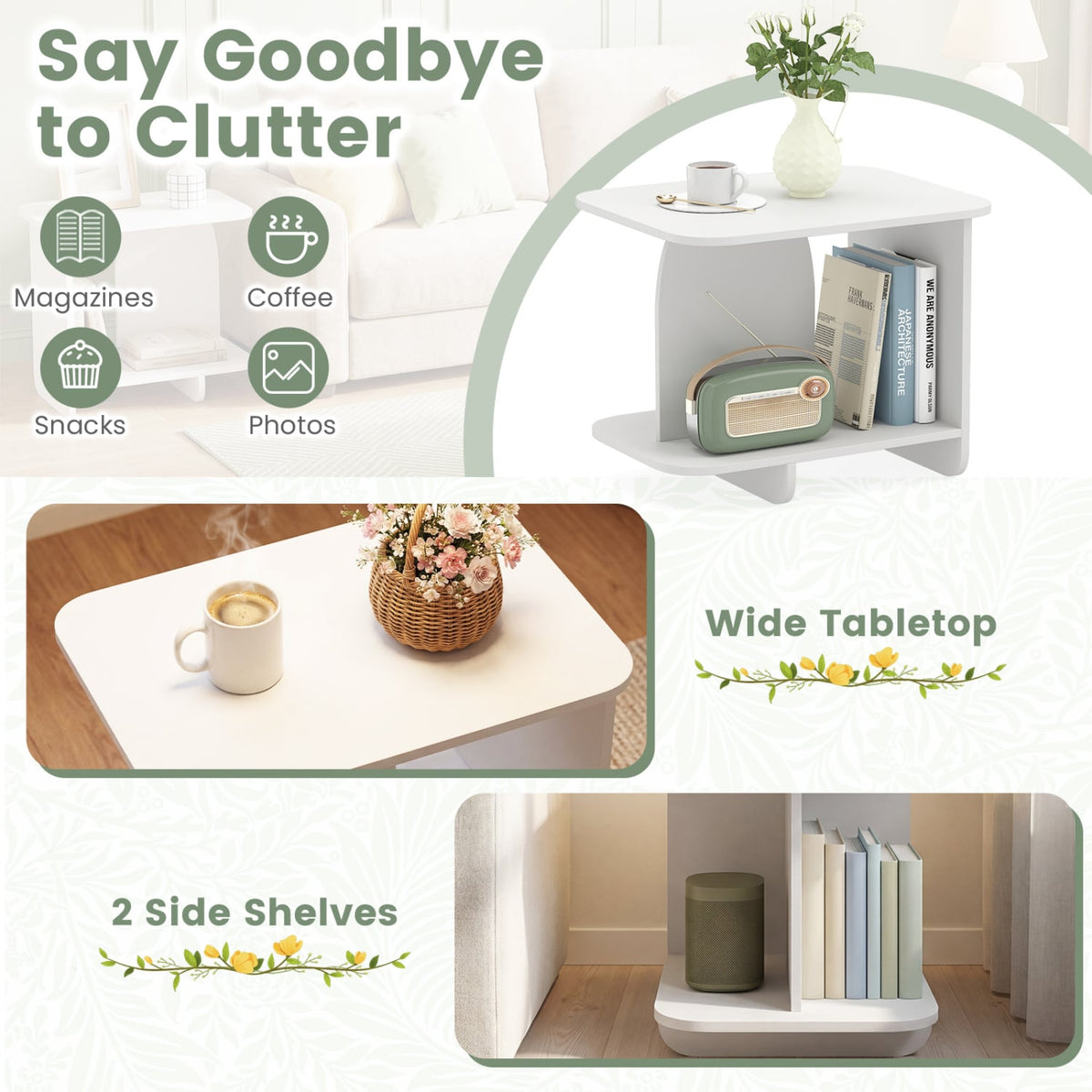End Table 2-Tier Sofa Side Table with Storage Shelf for Small Space-White