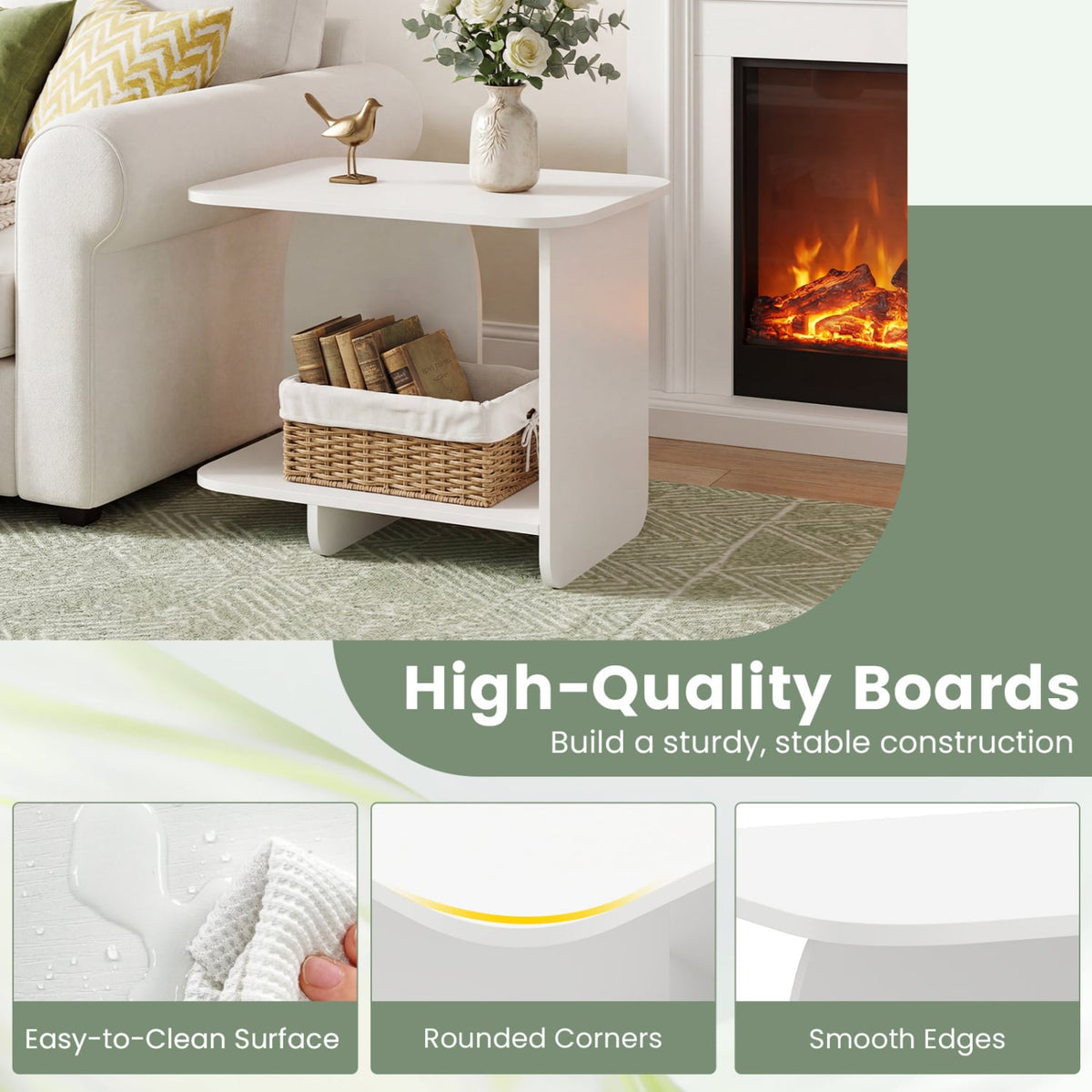 End Table 2-Tier Sofa Side Table with Storage Shelf for Small Space-White