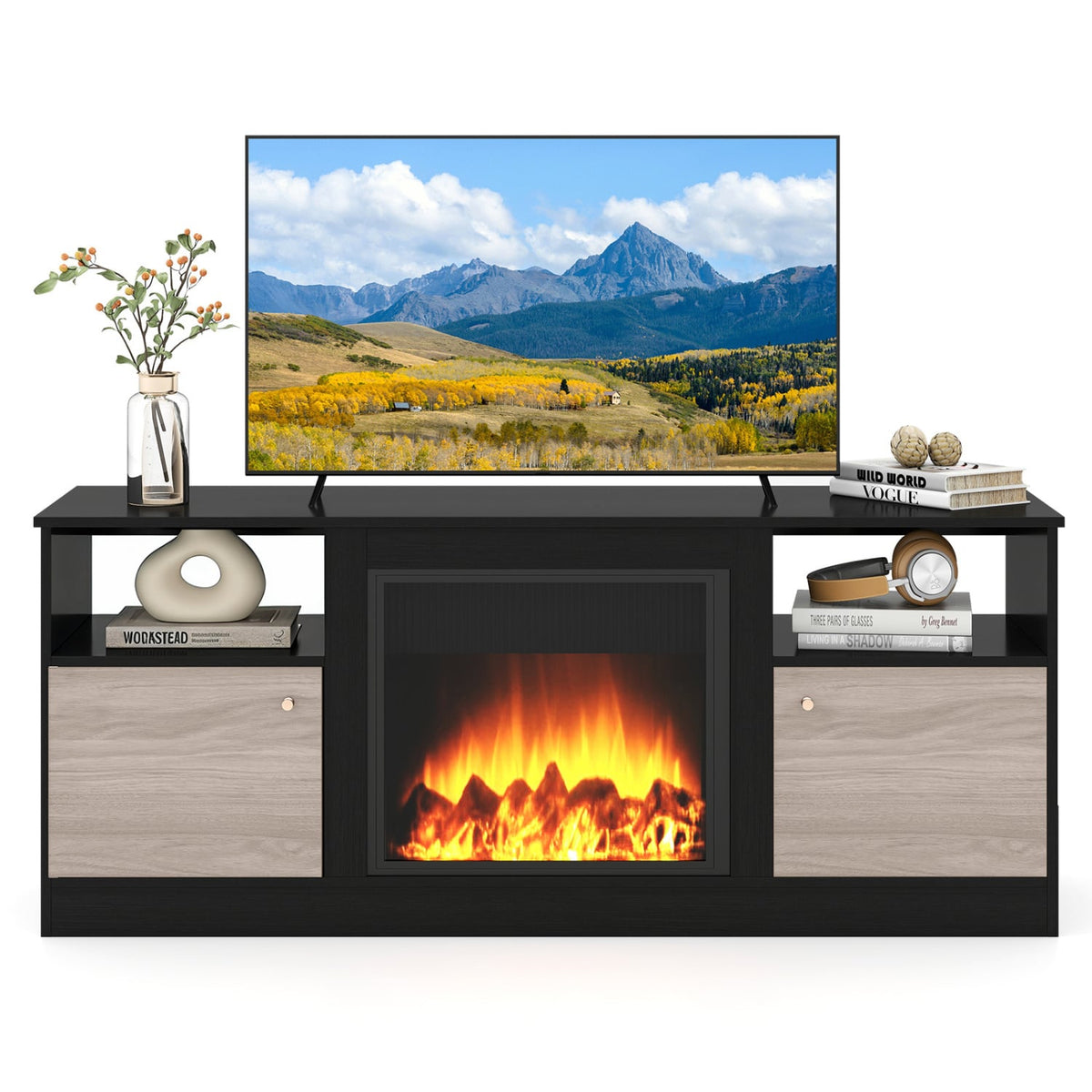 Entertainment Center with Adjustable Shelf & Open Compartment for 65” TVs-Black