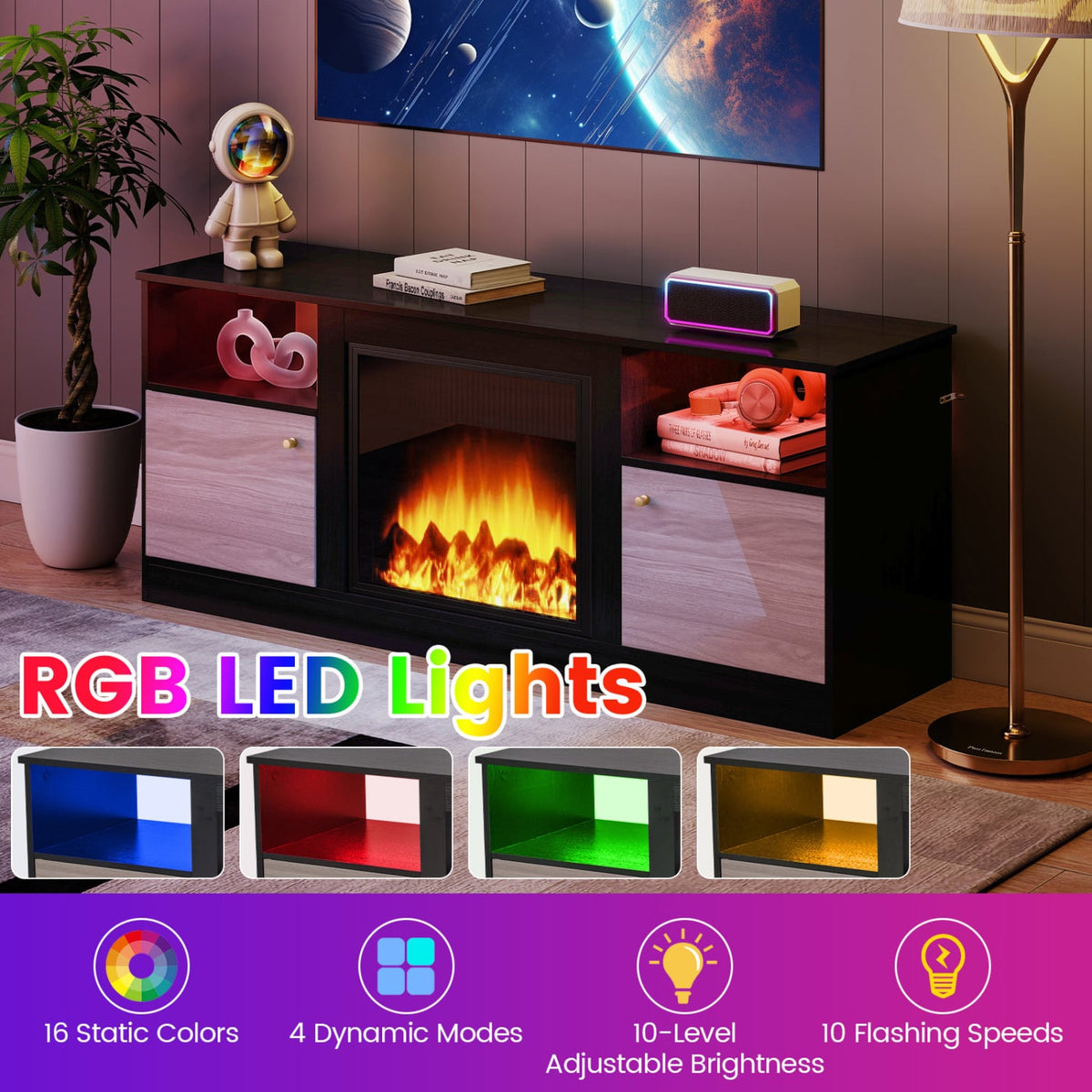 Entertainment Center with Adjustable Shelf & Open Compartment for 65” TVs-Black