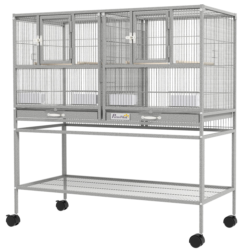 61"H Divided Breeder Bird Cage with Rolling Stand Removable Metal Tray, Storage Shelf, Wood Perch, and Food Container, Dark Grey