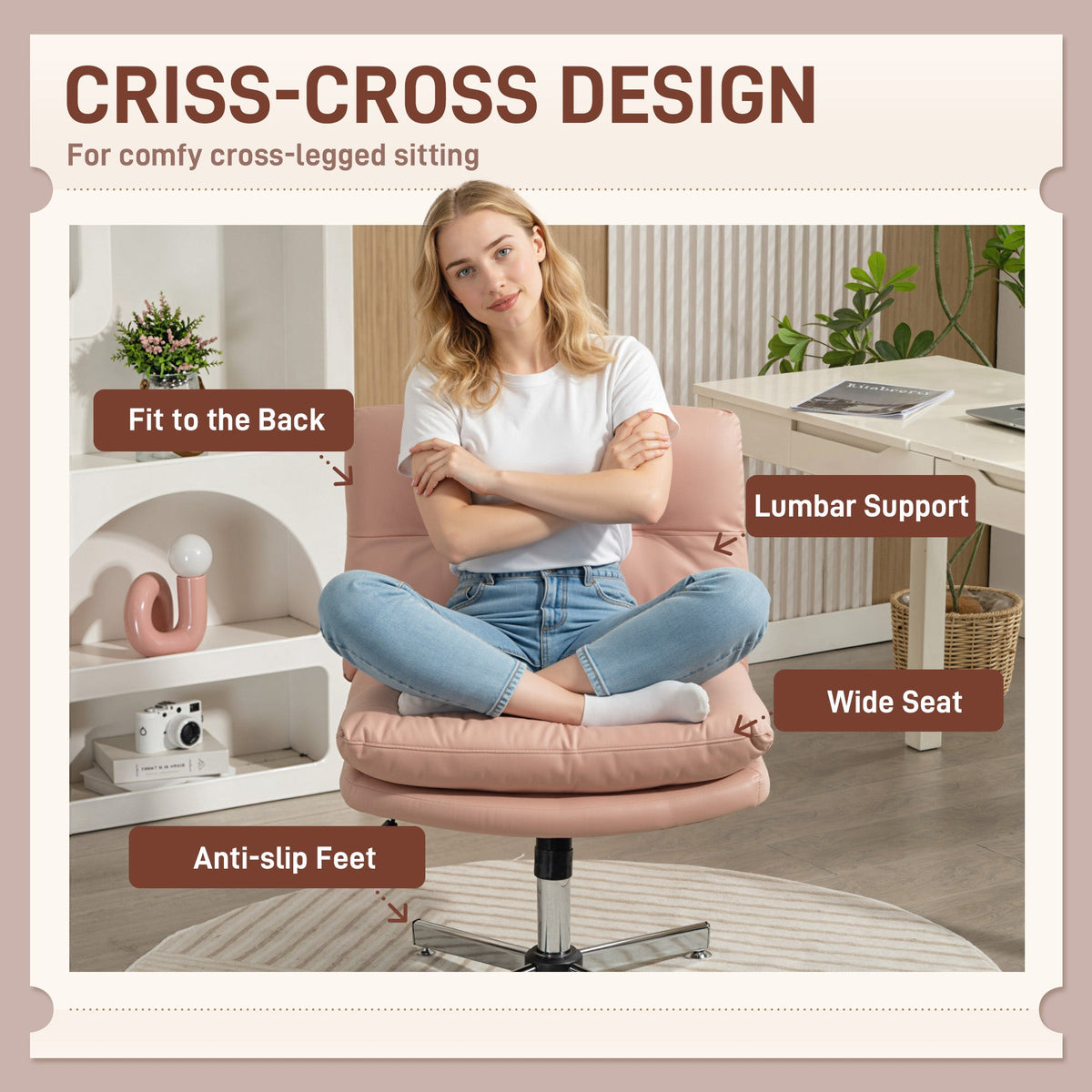 Armless Office Chair, Criss Cross Chair with Adjustable Height & Tilt Function for Home Office, Study, Grey