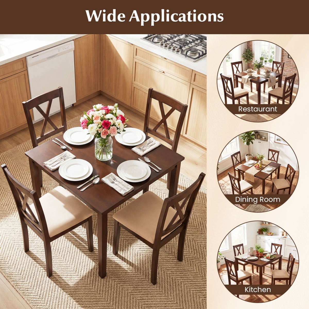 Farmhouse Dining Table for 4 People 35 Inches Square Kitchen Table-Walnut