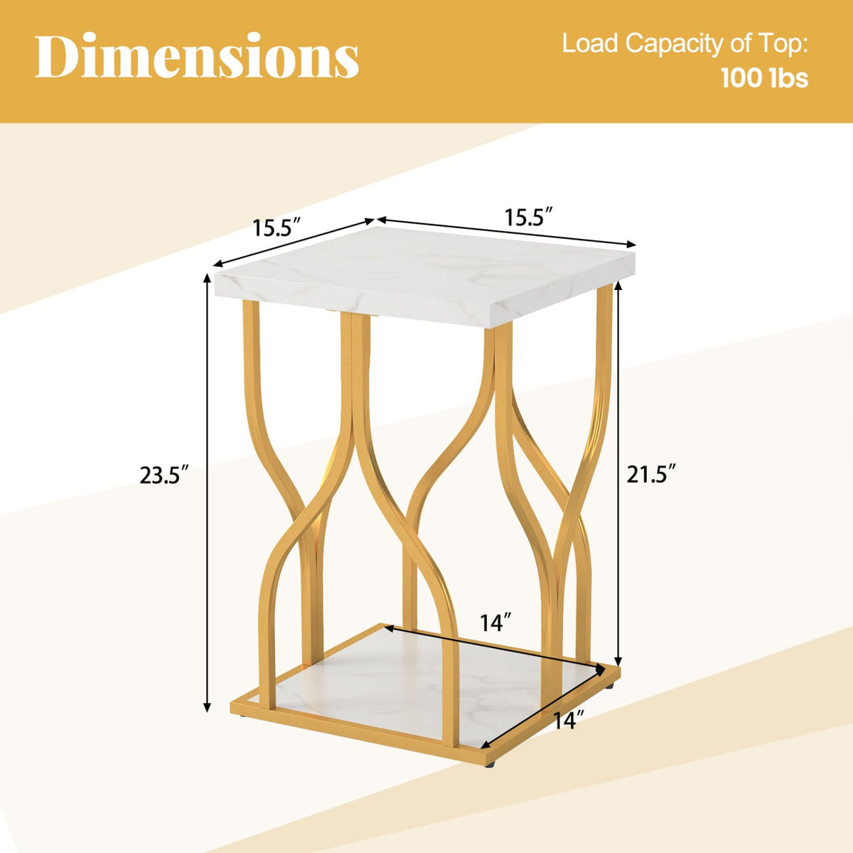 Faux Marble Bedside Night Stand with Petal-Inspired Metal Frame-White