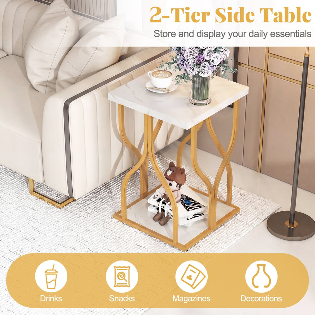 Faux Marble Bedside Night Stand with Petal-Inspired Metal Frame-White