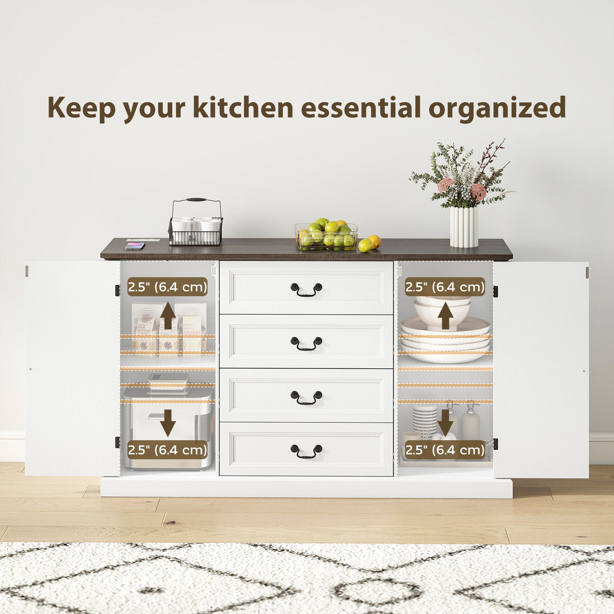 Farmhouse Sideboard with Charging Station, 58" Buffet Cabinet, Kitchen Storage Cabinet with 4 Drawers, 2 Doors, Black