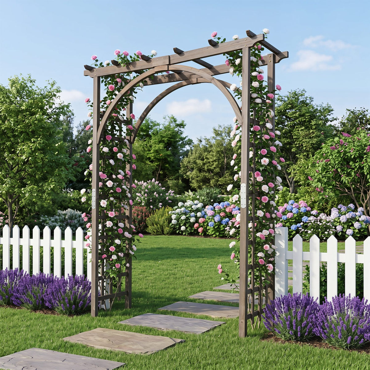 Flat Top Garden Arch Trellis 85 inches Tall Wood for Climbing Plants and Wedding-Brown
