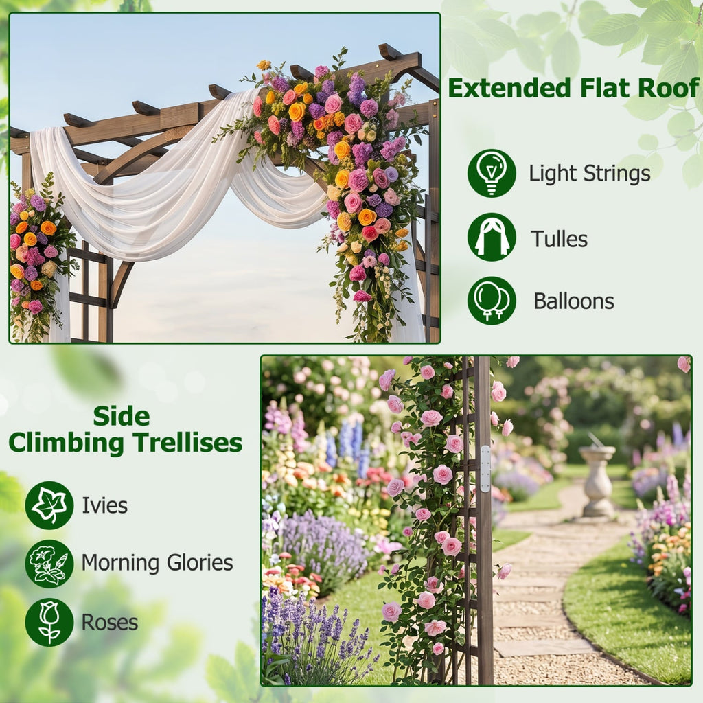 Flat Top Garden Arch Trellis 85 inches Tall Wood for Climbing Plants and Wedding-Brown