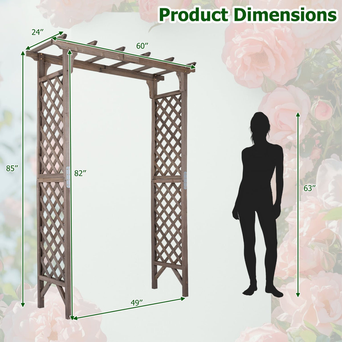 Flat Top Garden Arch with Gate 85 inches Tall Wood for Climbing Plants and Wedding-Brown