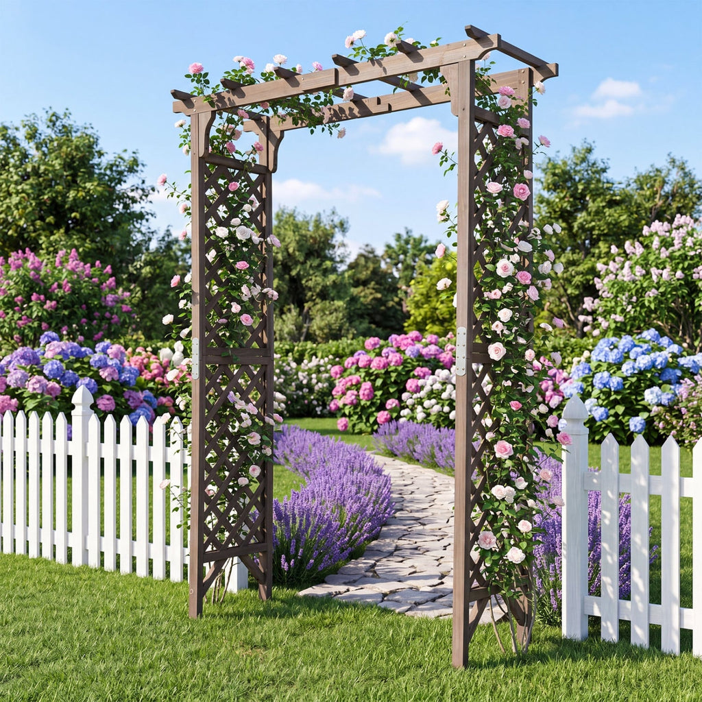 Flat Top Garden Arch with Gate 85 inches Tall Wood for Climbing Plants and Wedding-Brown