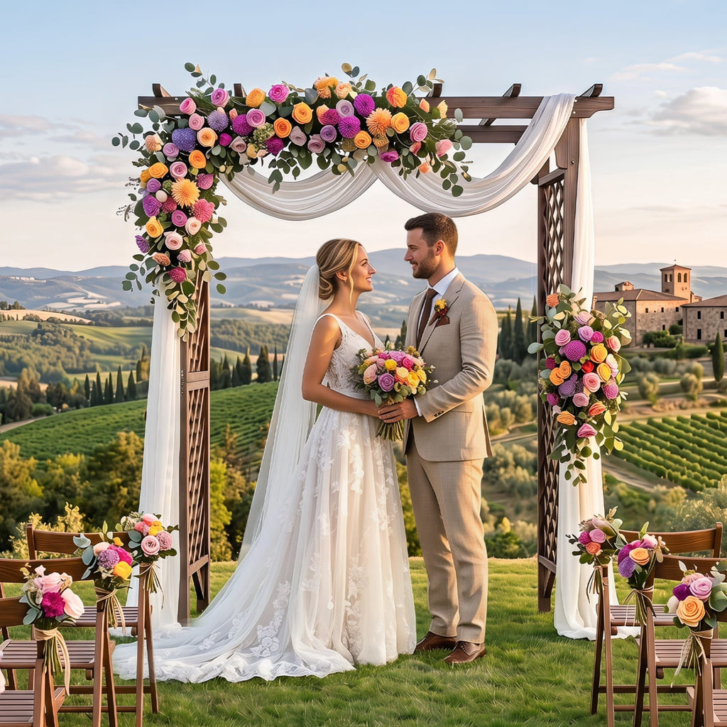Flat Top Garden Arch with Gate 85 inches Tall Wood for Climbing Plants and Wedding-Brown