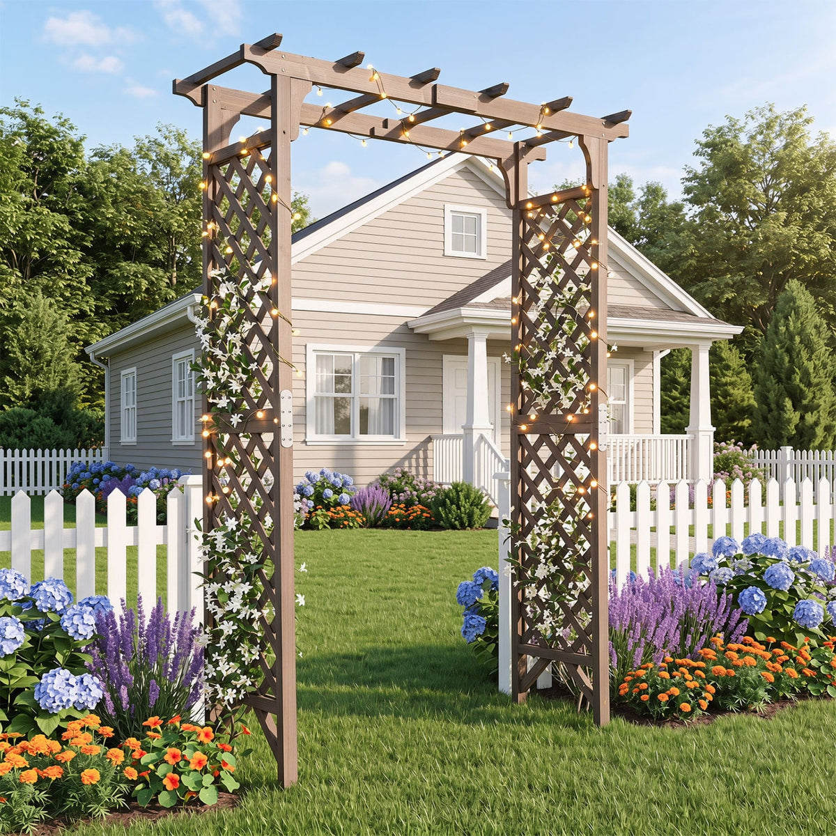 Flat Top Garden Arch with Gate 85 inches Tall Wood for Climbing Plants and Wedding-Brown