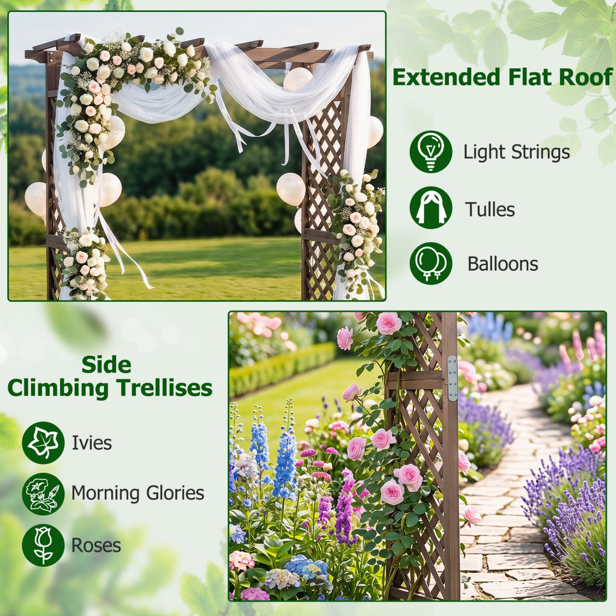 Flat Top Garden Arch with Gate 85 inches Tall Wood for Climbing Plants and Wedding-Brown