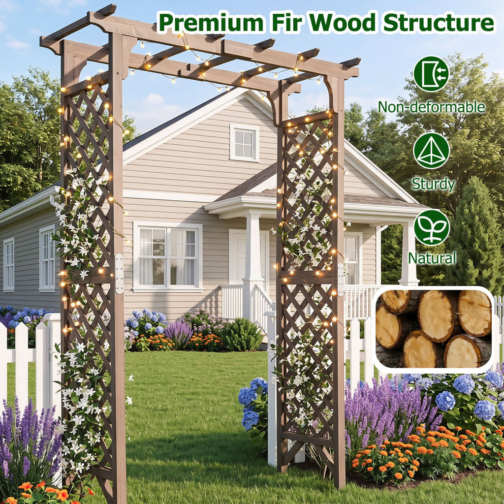 Flat Top Garden Arch with Gate 85 inches Tall Wood for Climbing Plants and Wedding-Brown