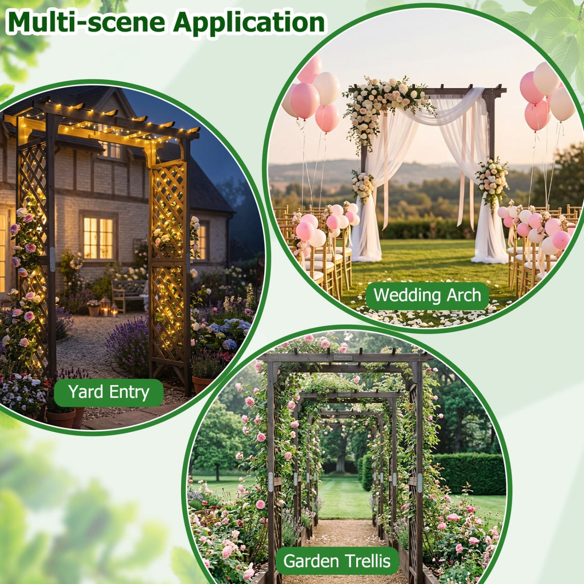 Flat Top Garden Arch with Gate 85 inches Tall Wood for Climbing Plants and Wedding-Brown