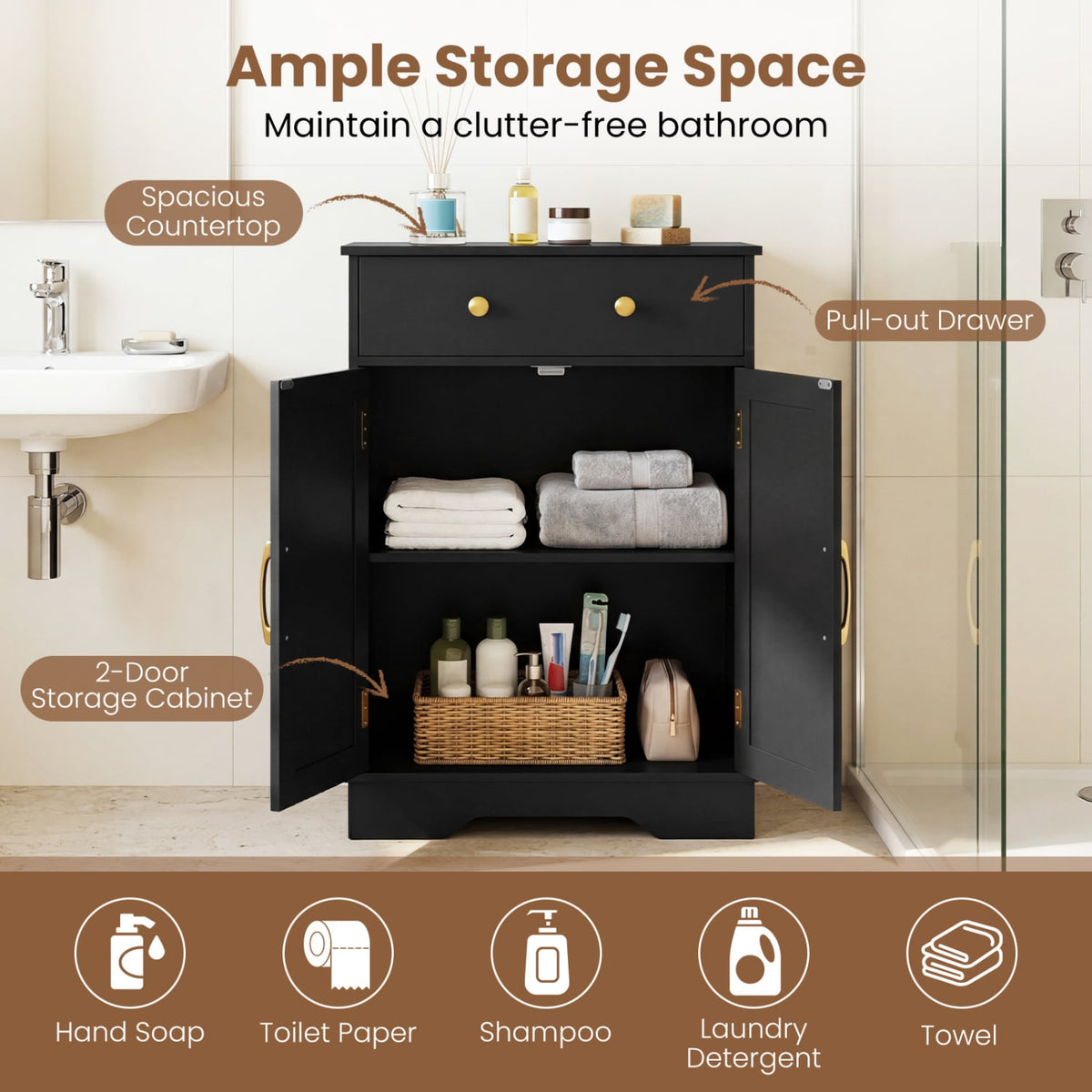 Floor Storage Cabinet with Doors Modern Buffet Sideboard with Drawer and Adjustable Shelf-Black