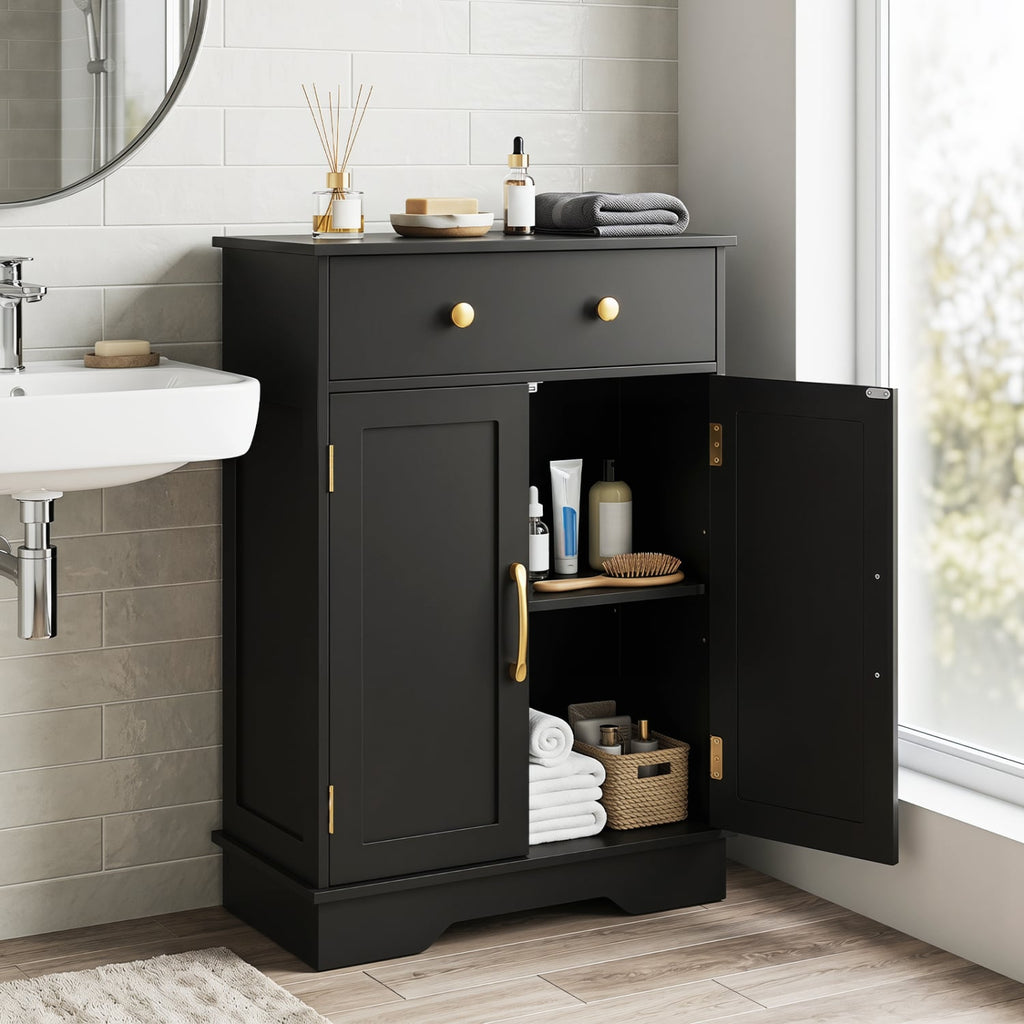 Floor Storage Cabinet with Doors Modern Buffet Sideboard with Drawer and Adjustable Shelf-Black