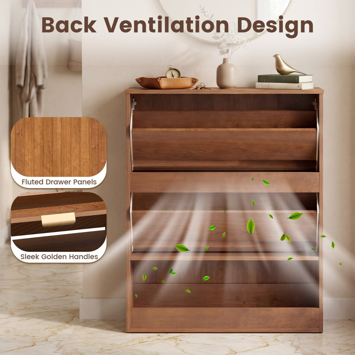 Fluted Hidden Shoe Cabinet with 2 Flip Drawers and Open Storage-Walnut