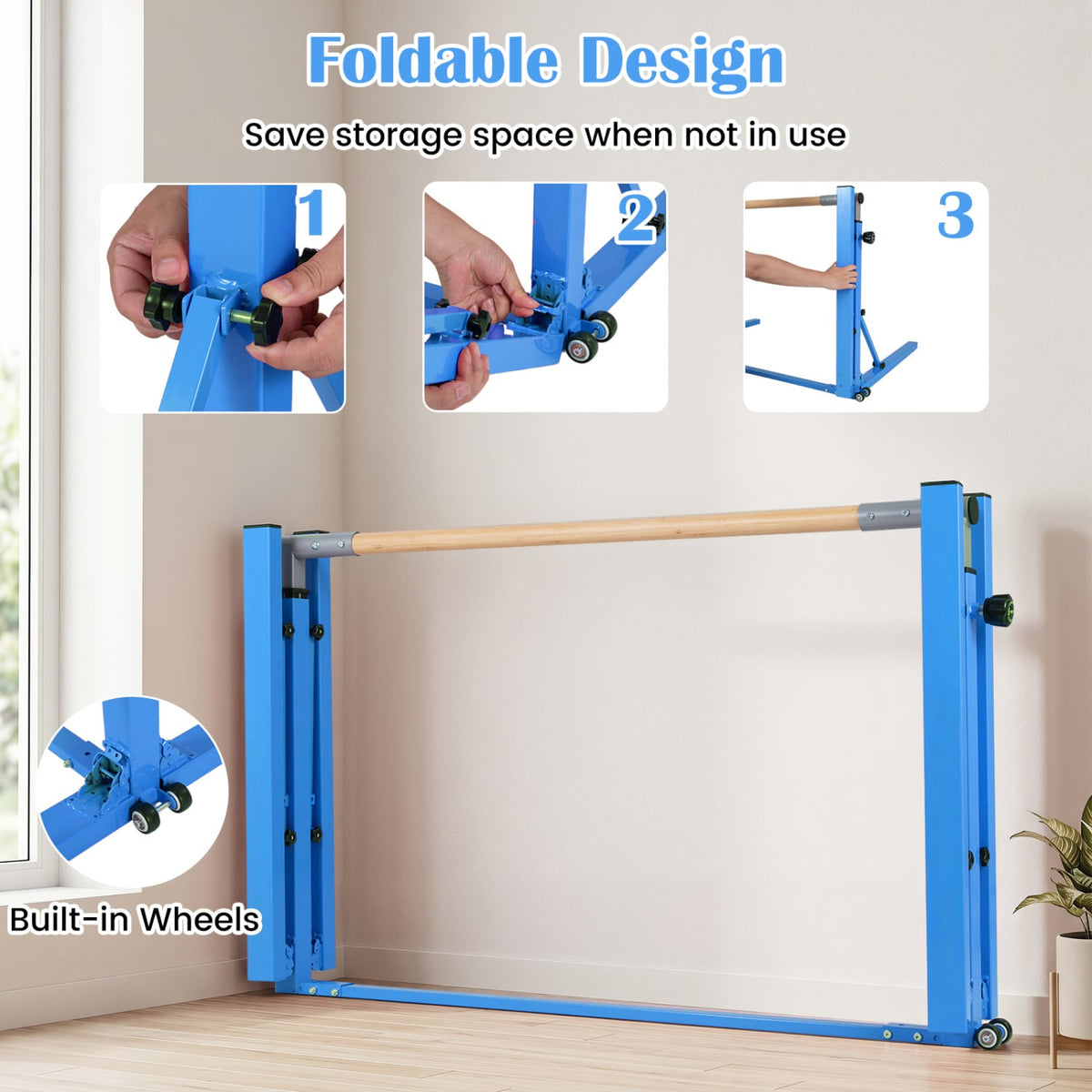 Foldable Gymnastics Bar for Kids with 3-Level Adjustable Heights-Blue