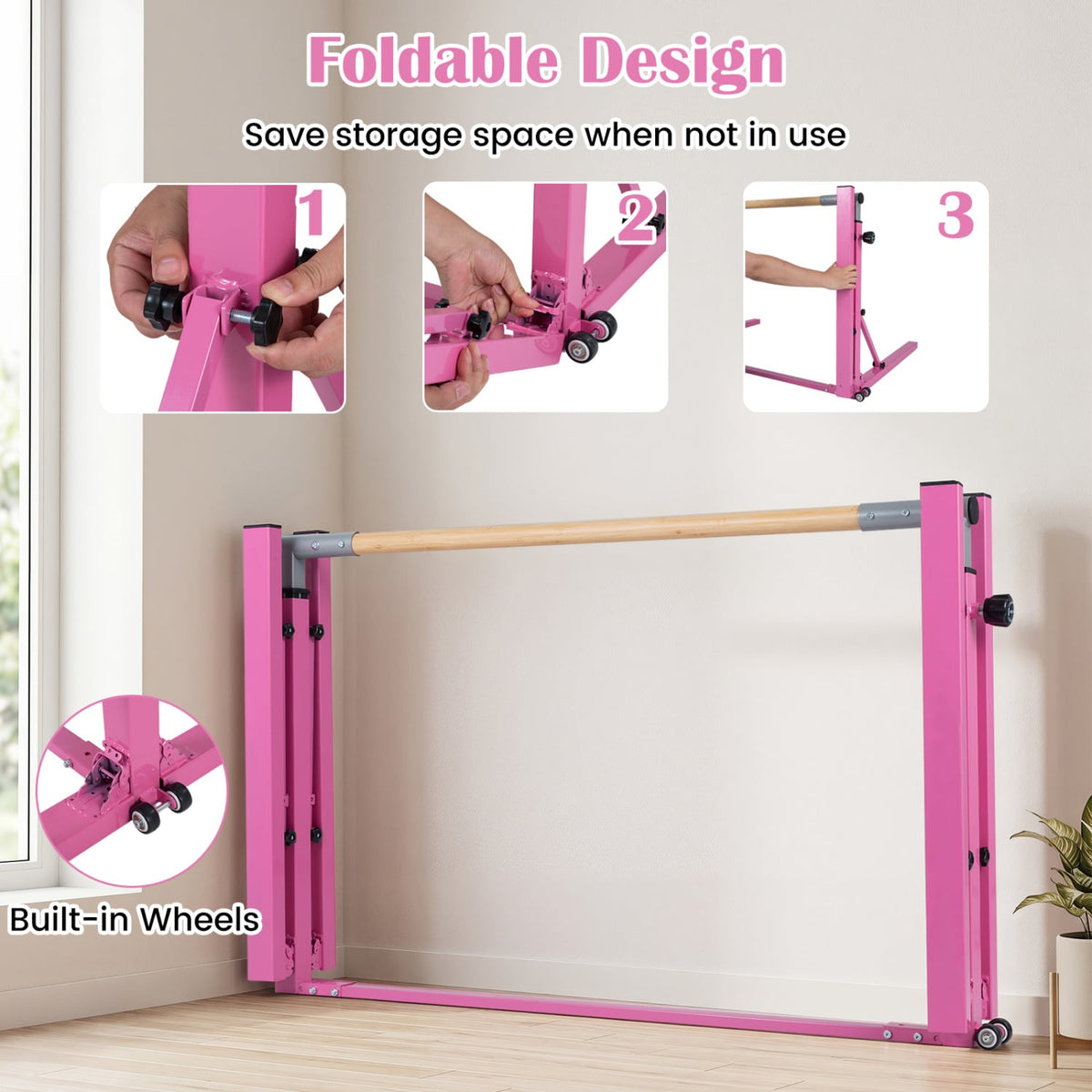 Foldable Gymnastics Bar for Kids with 3-Level Adjustable Heights-Pink
