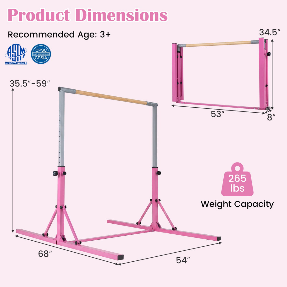 Foldable Gymnastics Bar for Kids with 3-Level Adjustable Heights-Pink