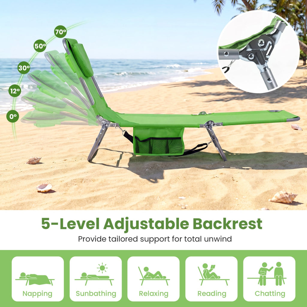 Folding Beach Lounge Chair with Adjustable Backrest for Lawn-Green