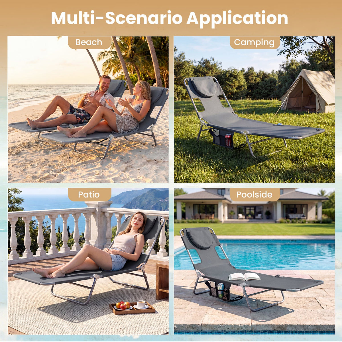 Folding Beach Lounge Chair with Adjustable Backrest for Lawn-Gray