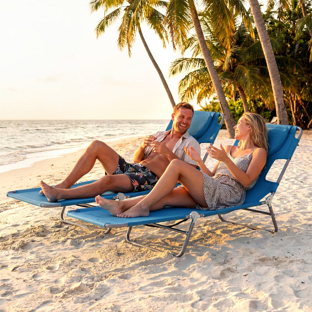 Folding Beach Lounge Chair with Adjustable Backrest for Lawn-Blue