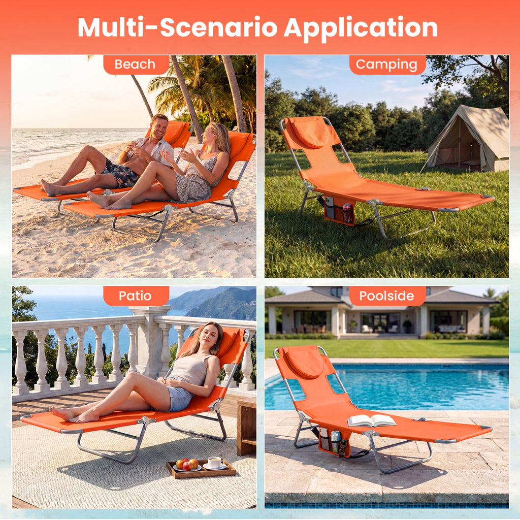 Folding Beach Lounge Chair with Adjustable Backrest for Lawn-Orange