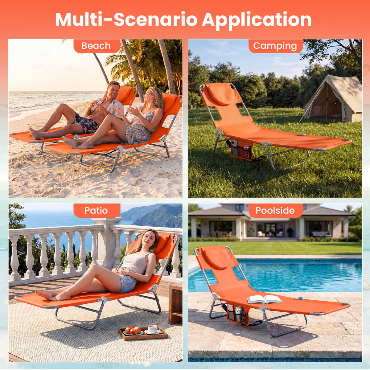 Folding Beach Lounge Chair with Adjustable Backrest for Lawn-Orange