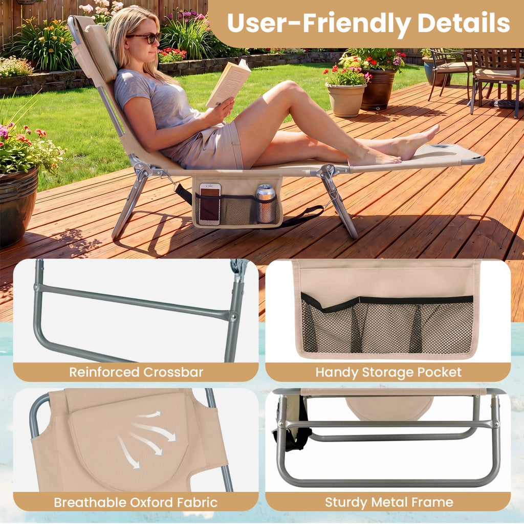 Folding Beach Lounge Chair with Adjustable Backrest for Lawn-Beige