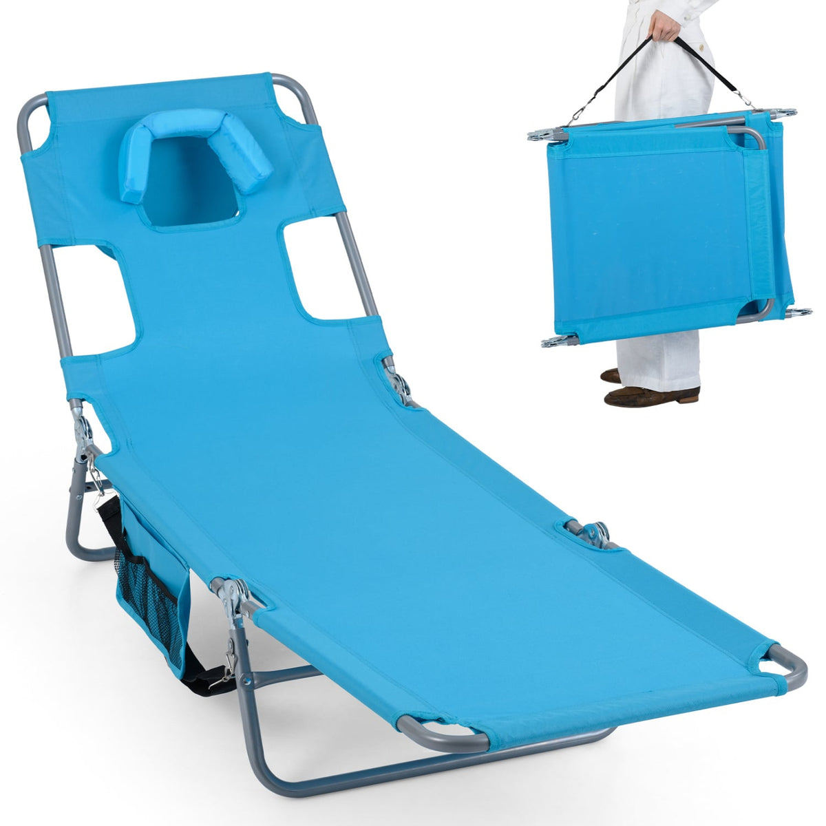 Folding Beach Lounge Chair with Adjustable Backrest for Lawn-Turquoise