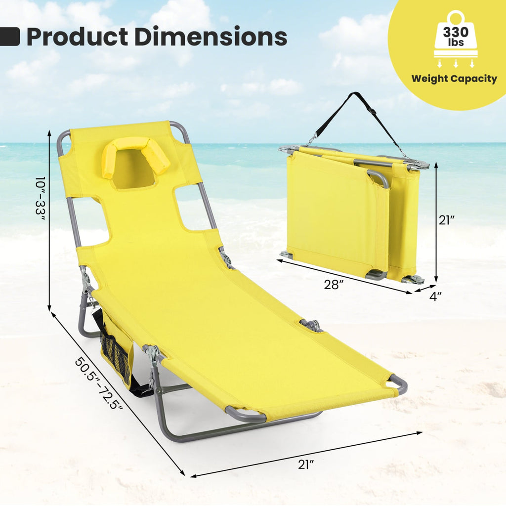 Folding Beach Lounge Chair with Adjustable Backrest for Lawn-Yellow