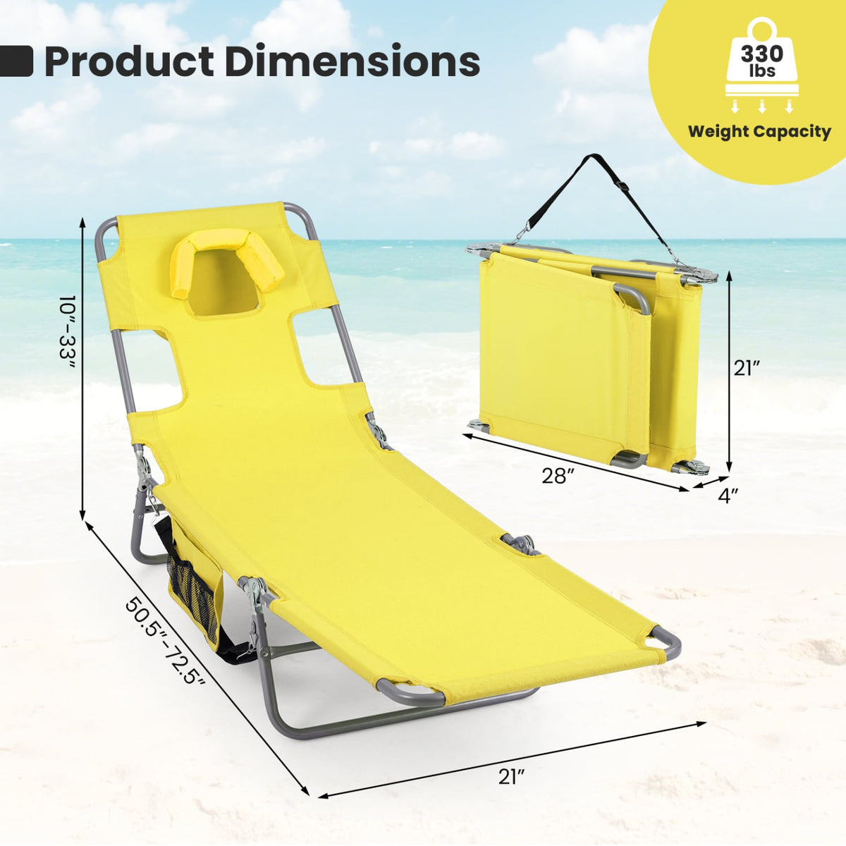 Folding Beach Lounge Chair with Adjustable Backrest for Lawn-Yellow