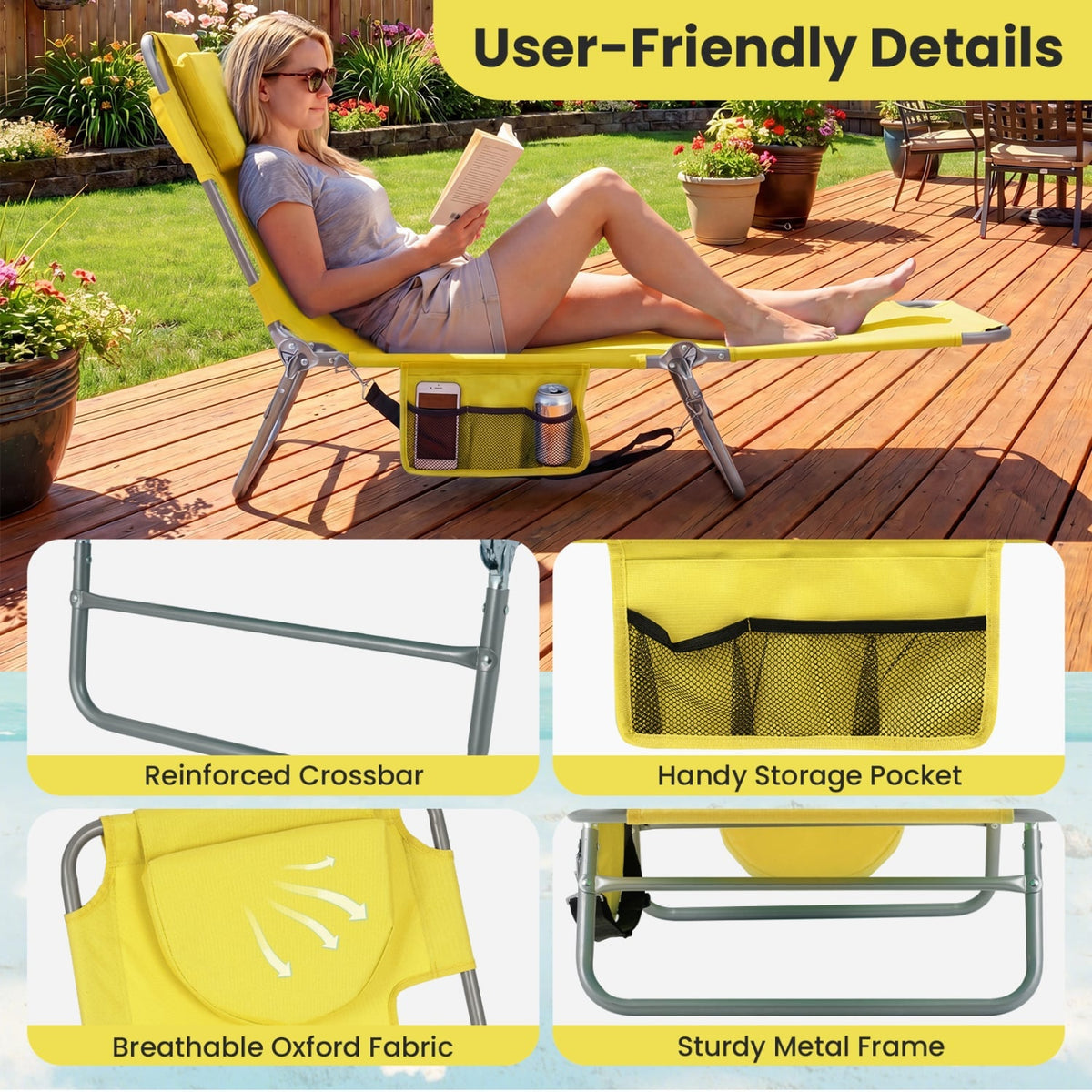 Folding Beach Lounge Chair with Adjustable Backrest for Lawn-Yellow